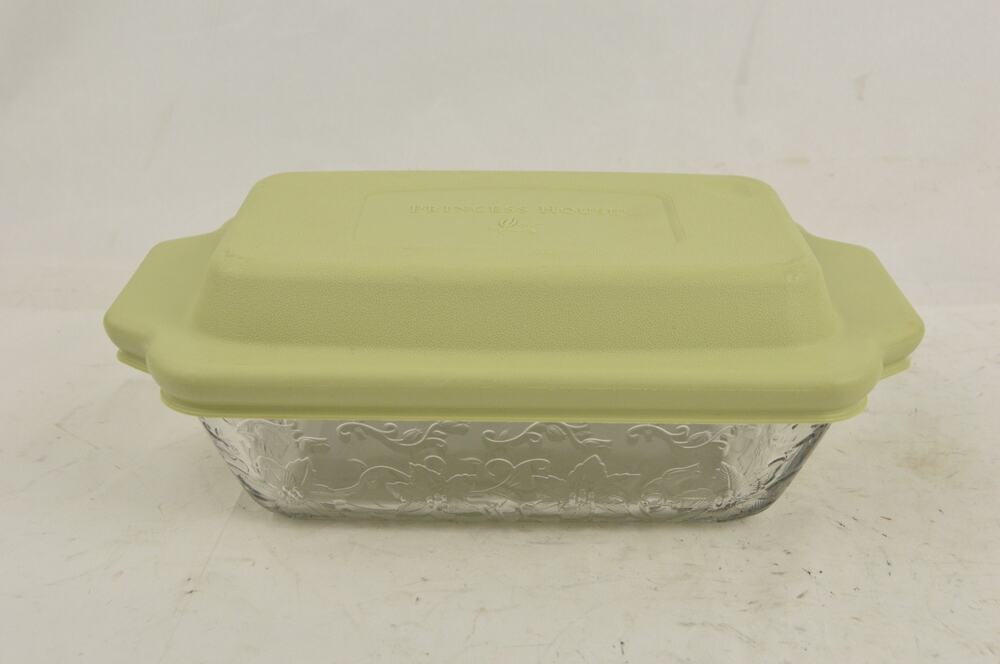 Princess House Fantasia 1.5 Qt Glass Loaf Dish Baker w Green Lid Floral